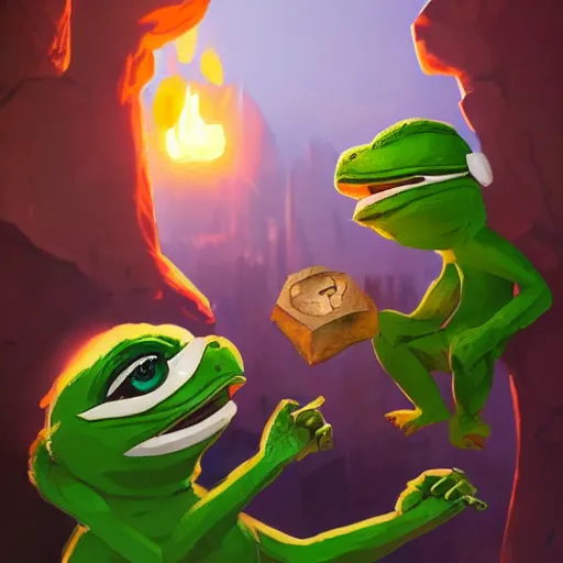 Image similar to super rich happy pepe the miner, greg rutkowski, crystals