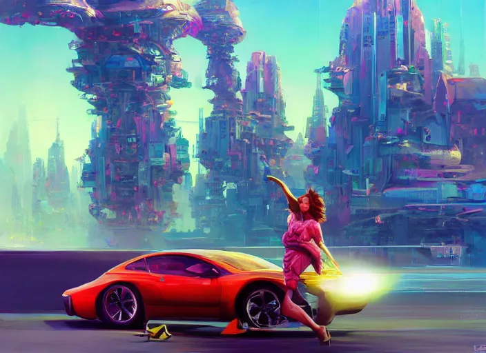 Image similar to gorgeous bright girl waving a red flag over her head enthusiastically regulating hover car traffic in a Mandelbrot fractal futuristic bustling utopian city by Craig Mullins, ilya kuvshinov, krenz cushart, artgerm trending on artstation by Edward Hopper and Dan Mumford and WLOP and Rutkovsky, Unreal Engine 5, Lumen, Nanite