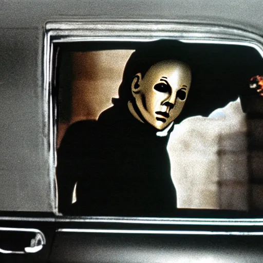 Image similar to Michael Myers holds open a car door. Movie still, realistic, grainy.