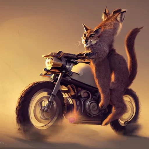 Image similar to cute fluffy caracal riding a motorcycle, hyper detailed, digital art, trending in artstation, cinematic lighting, studio quality, smooth render, unreal engine 5 rendered, octane rendered