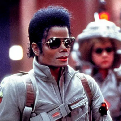 Image similar to stunning awe inspiring michael jackson as a ghostbuster in the movie ghostbusters, movie still 8 k hdr atmospheric lighting