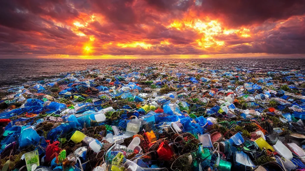 Image similar to amazing landscape photo of garbage patch, sunset by marc adamus, beautiful dramatic lighting