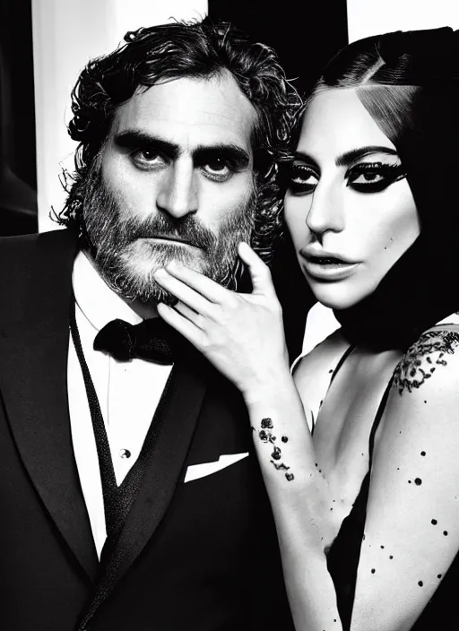 Image similar to lady gaga and joaquin phoenix styled by nick knight posing, full body shot, set pieces, intricate set, vogue magazine, canon, highly realistic. high resolution. highly detailed. dramatic. 8 k. 4 k.