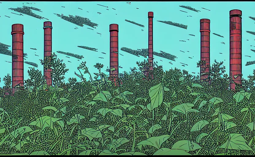 Prompt: industrial chimneys rising out of the undergrowth by moebius