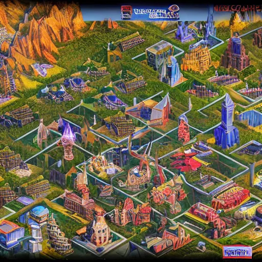 Image similar to imaginary heroes of might and magic city, high resolution and extreme detail, well symmetrically composed, gorgeous lightning