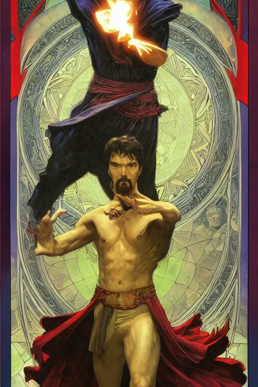 Prompt: Epic Dr. strange lit by dark evil magic portal, amazing colour harmony and variation, simple background, by Donato Giancola, William Bouguereau, John Williams Waterhouse and Alphonse Mucha