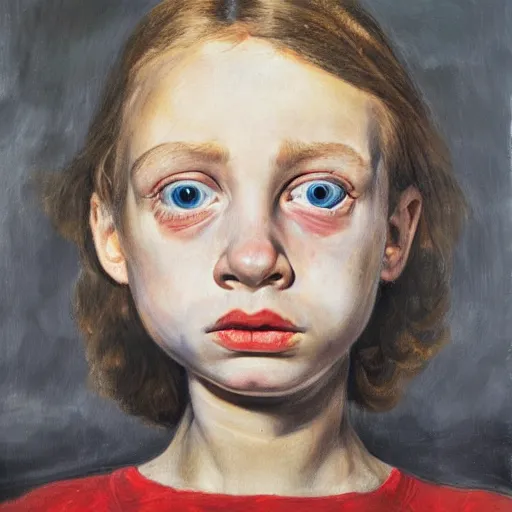 Prompt: high quality high detail painting by lucian freud, hd, young pale girl staring intensely, big eyes, alizarin crimson and black, photorealistic lighting