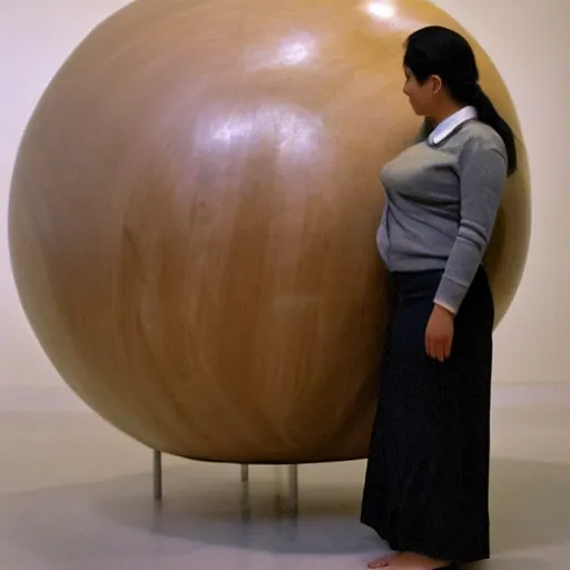 Image similar to a woman standing next to a large wooden ball, a marble sculpture by fernando botero, pexels contest winner, qajar art, full body, windows vista, ray tracing