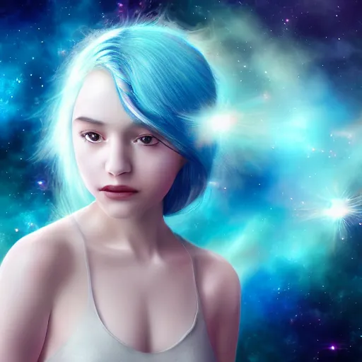 Prompt: photorealistic portraits of girl, blue hair, background with beautiful photography of nebula space wallpaper 8k