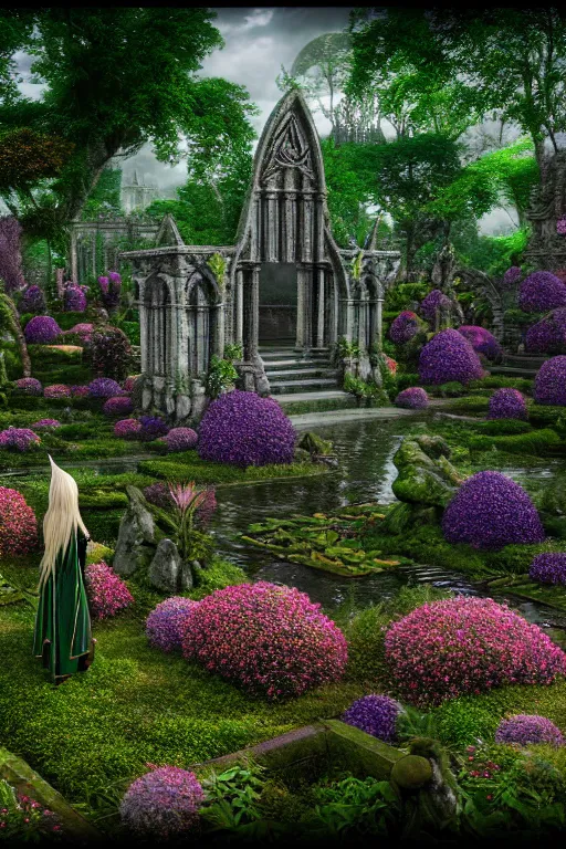 Image similar to photography of a hyper realistic lost celtic elven temple in a magical fantasy garden, mirroring water, colorful flowers, epic scale, insanely complex, hyperdetailed, sharp focus, hyper realism, artstation, cgsociety, 8 k, bright colors, by takato yamamoto, unreal engine 5