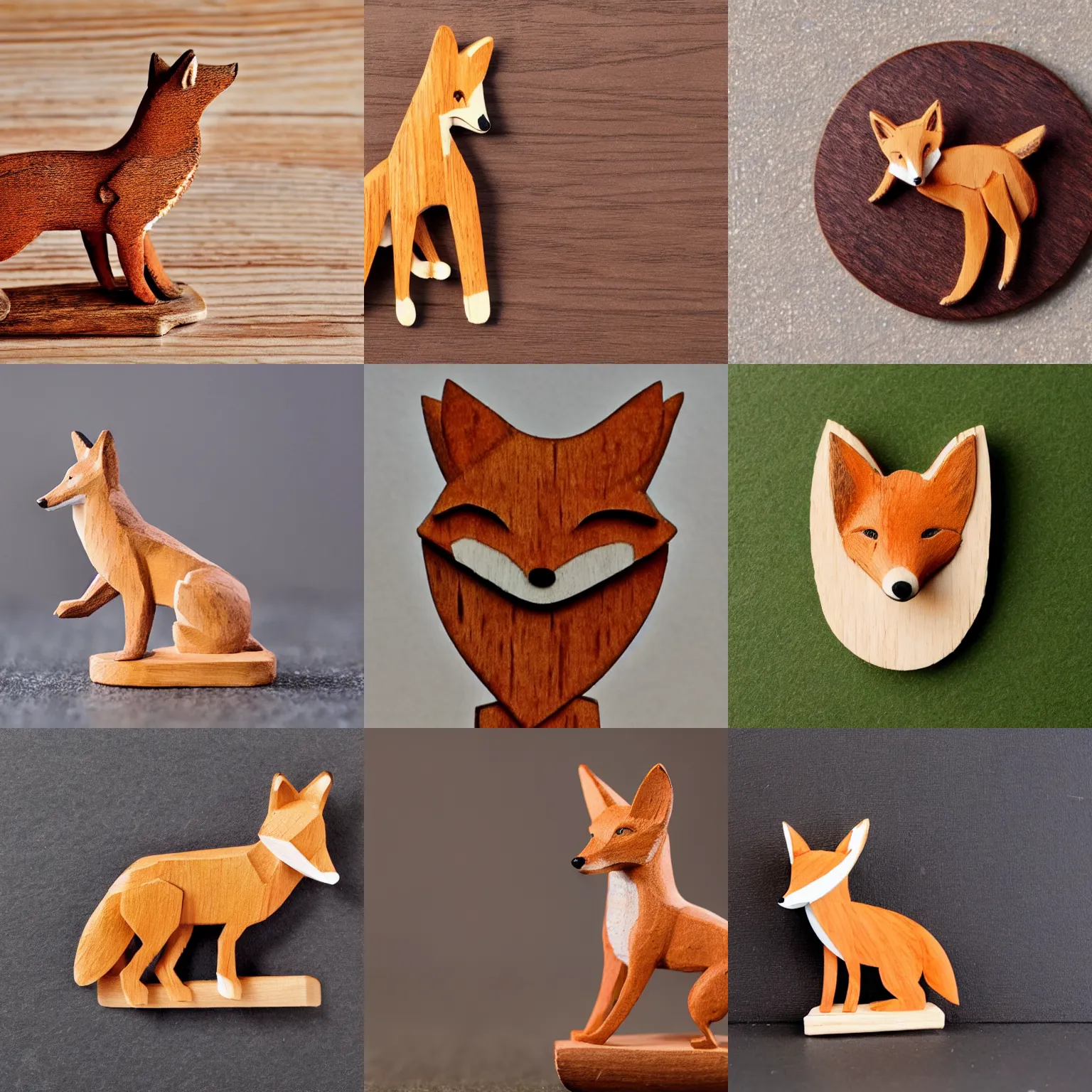 Prompt: A wooden statuette of a fox on a piece of cracker. solid Background.