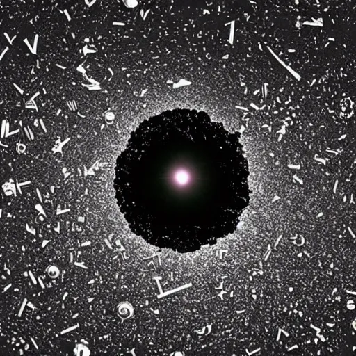 Prompt: vortex of metal debris from space stations and other space objects in black, starless space, huge peaces of metal debris and asteroids, dark sci - fi