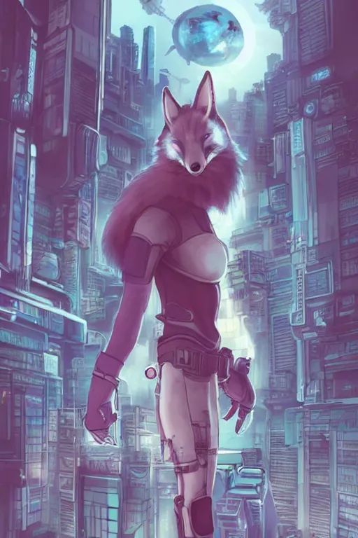 Image similar to a cyberpunk anthropomorphic fox with a fluffy tail staring over a futuristic city from the top of a roof, comic art, trending on furaffinity, cyberpunk, backlighting, cartoon, by kawacy, anime!!!