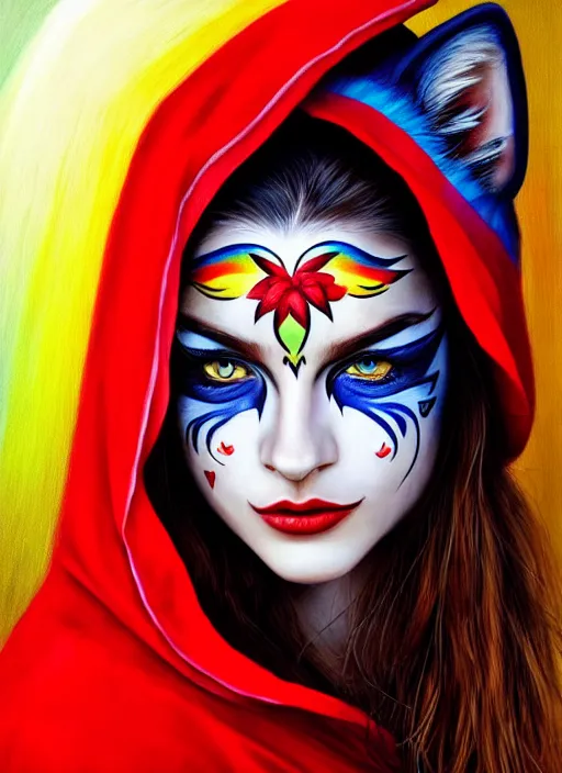 Prompt: photo of a gorgeous Beautiful face Portrait of Little Red Riding Hood with a rainbow panther, face painting, woman in the style of stefan kostic, wild, realistic, sharp focus, 8k high definition, insanely detailed, intricate, elegant, art by stanley lau and artgerm