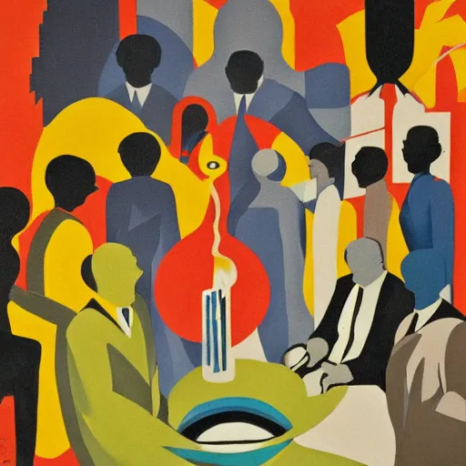 Image similar to bright oil on masonite painting by aaron douglas of a psychedelic conference of scientists / professors / researchers, high detail