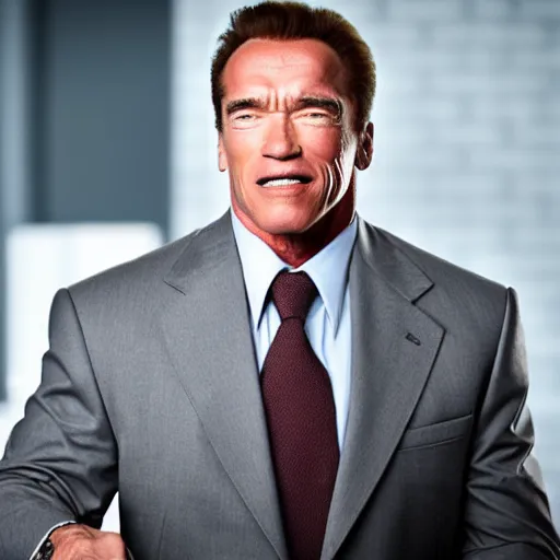 Prompt: business photograph of arnold schwarzenegger, the insurance sales man