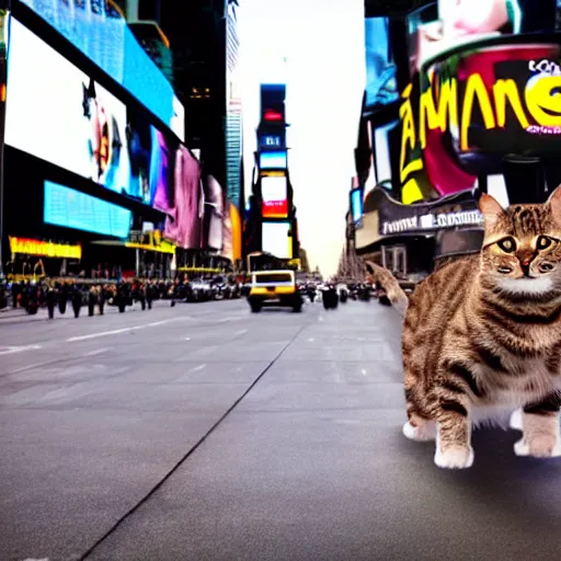 Prompt: a photorealistic, 4 k, photoshoot of a cat riding a bicycle though times square