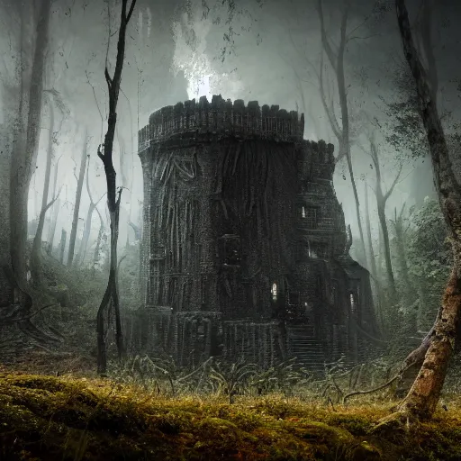 Image similar to full body pose, hyperrealistic photograph of the black keep of rotbog swamp, dim volumetric lighting, 8 k, octane beautifully detailed render, extremely hyper detailed, intricate, epic composition, cinematic lighting, masterpiece, trending on artstation, very very detailed, stunning, hdr, smooth, sharp focus, high resolution, award, winning photo, dslr, 5 0 mm