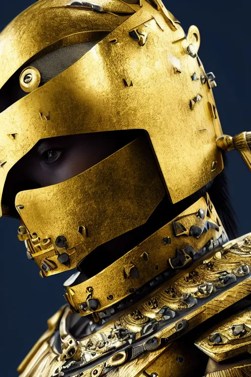 Prompt: hyperrealistic cyberpunk samurai character, gold warrior helmet, gold armour, ultradetailed, volumetric lighting, depth of field, 4k UHD.