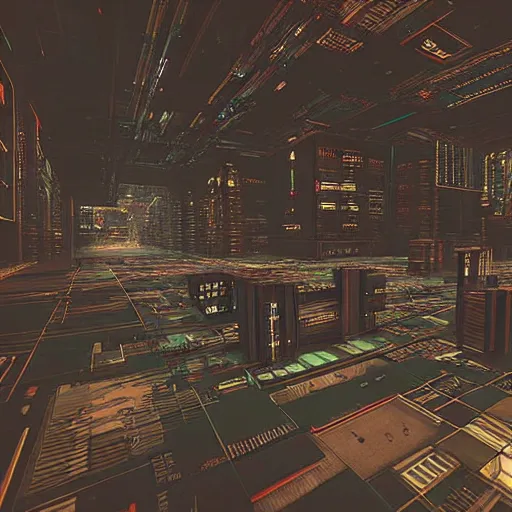 Image similar to “3D scene with high draw distance. Floorwide 3D model of a cyberpunk city placed inside of a room.”