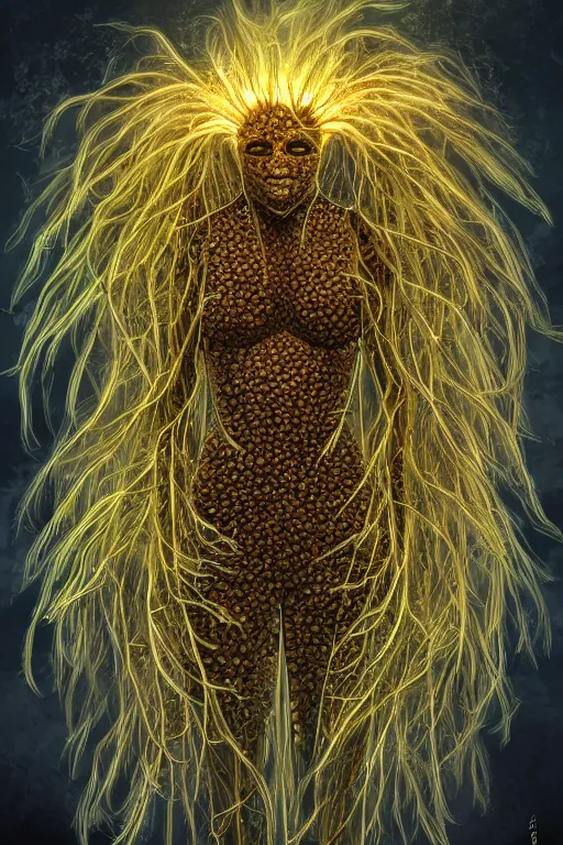 Image similar to corn dandelion humanoid figure monster, symmetrical, highly detailed, digital art, sharp focus, trending on art station, amber eyes, amber glowing