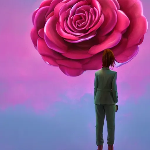 Image similar to closeup, huge rose flower head, frontal, a girl in suit, surreal photography, sunrise, dramatic light, impressionist painting, digital painting, artstation, simon stalenhag