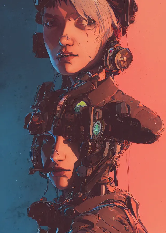 Prompt: very detailed, prophet graphic novel, ilya kuvshinov, rutkowski, simon roy, james jean, portrait illustration of a cyberpunk military woman, colorful, cinematic composition, ray tracing, hyperrealism, photorealistic