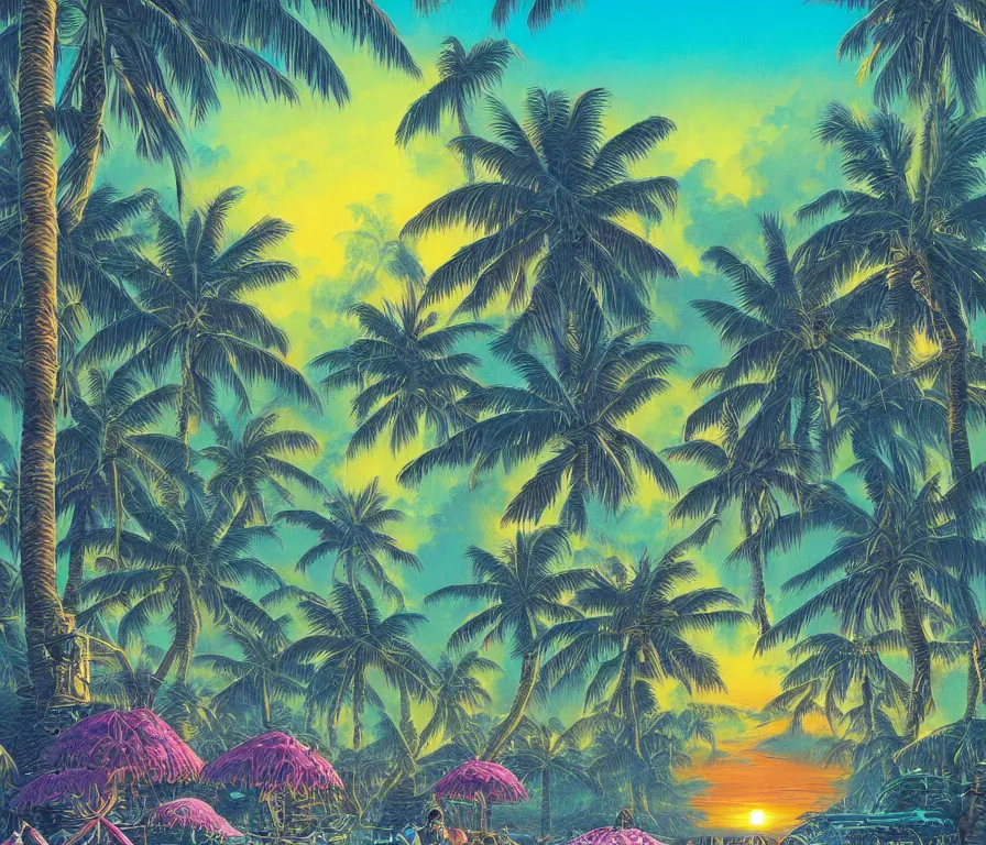 Image similar to a tropical paradise beach filled with palm trees and exotic flowers at sunset by paul lehr, detailed line drawing, intricate, hd, digital art, complementing colors, detailed, illustration painting by alex gray, digital art, moebius