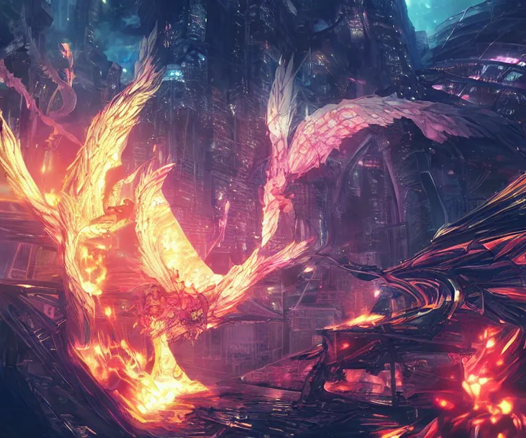 Image similar to neo tokyo, high fantasy, final fantasy, concept art, video game, phoenix flames