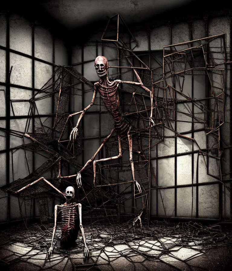 Image similar to Creepy huge suffering humanoid with long limbs sits on the floor and looks at the little old TV. An underground very dark gloomy multi-layered structure of rusty thick iron grates, dense chain-link fencing and peeling walls. Inside view, collapsed floors, bent rusted iron, masterpiece, black background, corners, cinematic, hyperdetailed, photorealistic, hyperrealism, octane render, 8k, depth of field, bokeh, architecture, shadows, art by Zdzisław Beksiński, Dariusz Zawadzki