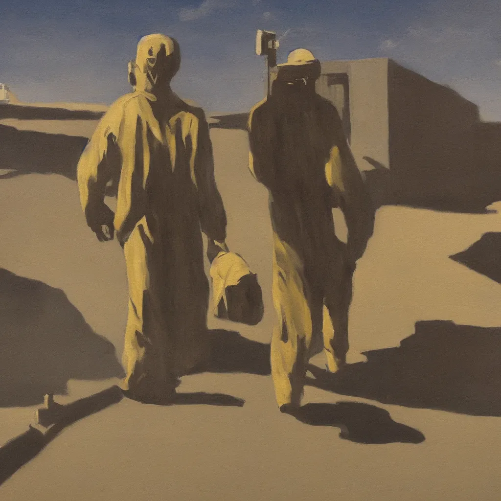 Prompt: a painting of a man walking down a lonely street on another planet and the sky is the universe, the head of the man is a skull, he is wearing a trenchcoat, in the style of edward hopper, 4 k,