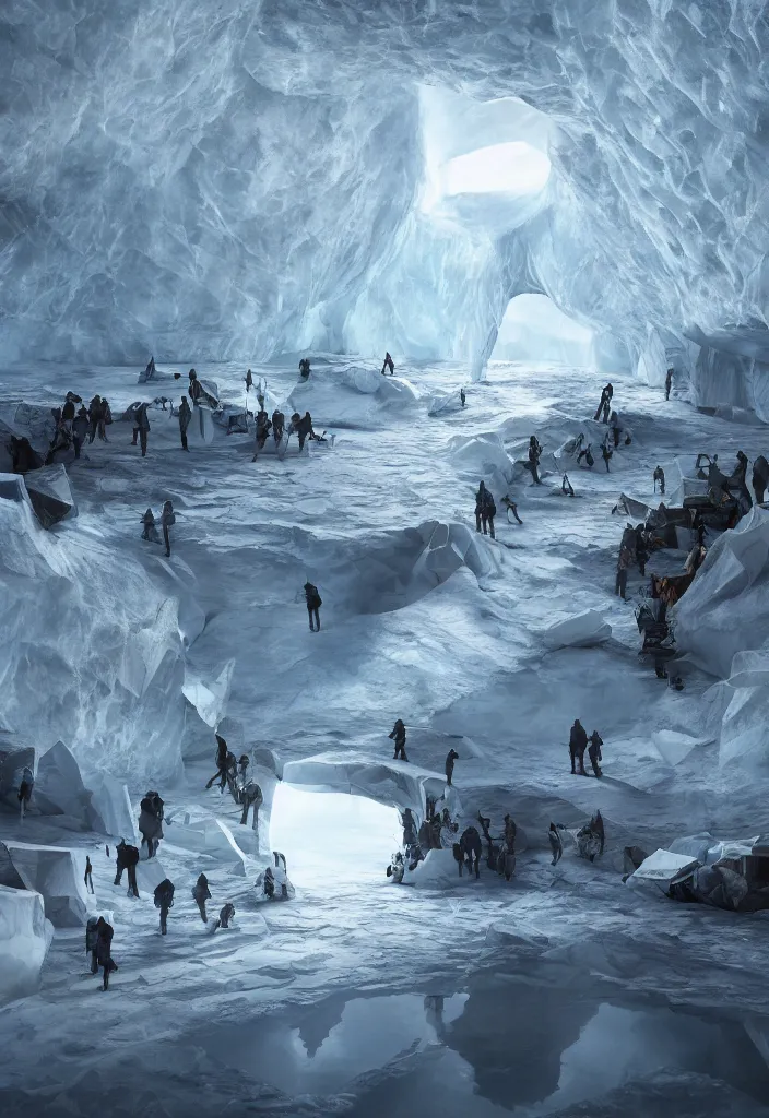 Prompt: Multiple connecting tunnels in antartica bellow thin ice, multiple people moving around the tunnels, facinating and imposing, fantasy digital art, octane render, beautiful composition, trending on artstation, award-winning photograph, masterpiece