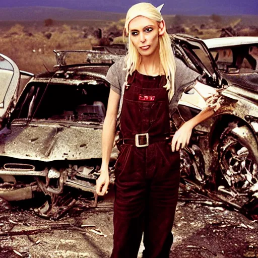 Image similar to a skinny female high-fantasy elf with a long face narrow chin and short spiky blonde hair wearing dark brown overalls and holding a bomb next to a destroyed car, gel spiked blond hair, narrow lips, high resolution film still, HDR color, photograph by Mario Testino