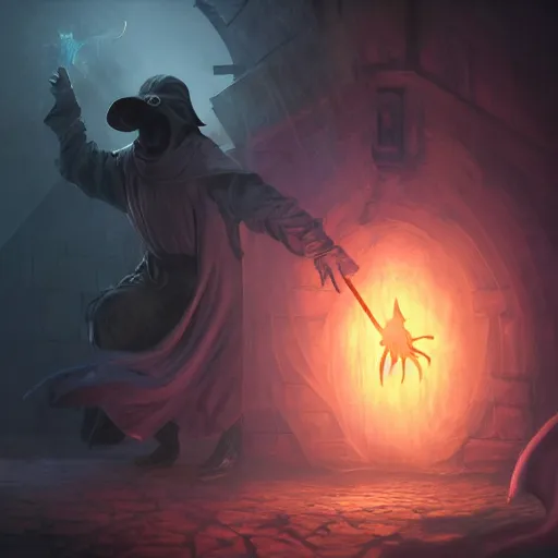 Prompt: plague doctor, Casting a opalescent colored spell, highly detailed, concept art,, D&D, Fantasy, Digital Painting, sharp focus, dynamic, lighting, 4k, by Greg Rutkowski