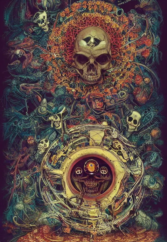 Image similar to simplicity, elegance, machinery, cameras, skulls, radiating, colorful mandala, psychedelic, minimalist environment, by ryan stegman and hr giger and esao andrews and maria sibylla merian eugene delacroix, gustave dore, thomas moran, the movie the thing, pop art, street art, graffiti, saturated