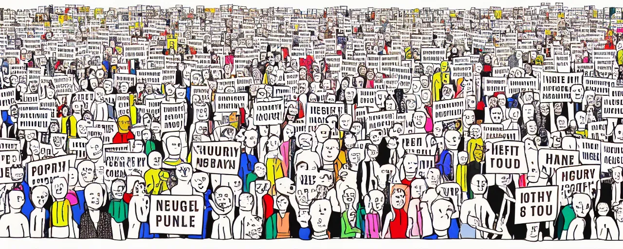 Prompt: a doodle of a crowd of very ordinary protestors with signs, front angle, by david shrigley, illustration, pen and ink, flat color, colorful drawing, facing front, anatomically correct, beautiful perfect face, sharp focus, highly detailed, cinematic lighting, 8 k, hd