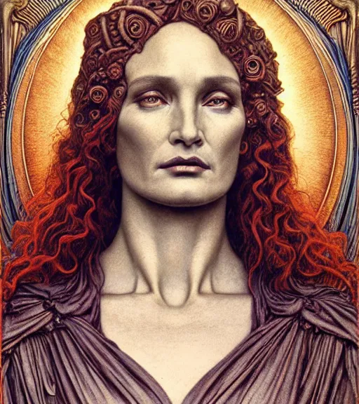 Image similar to detailed realistic beautiful young jessica lange as queen of mars face portrait by jean delville, gustave dore and marco mazzoni, art nouveau, symbolist, visionary, gothic, pre - raphaelite. horizontal symmetry by zdzisław beksinski, iris van herpen, raymond swanland and alphonse mucha. highly detailed, hyper - real, beautiful