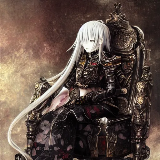 Prompt: yoshitaka amano style blurred and dreamy illustration, renaissance oil portrait, realistic anime girl with white hair and black eyes wearing elden ring style armor with engraving, highly detailed, ruined throne room in the background, strange camera angle, three - quarter view, noisy film grain effect