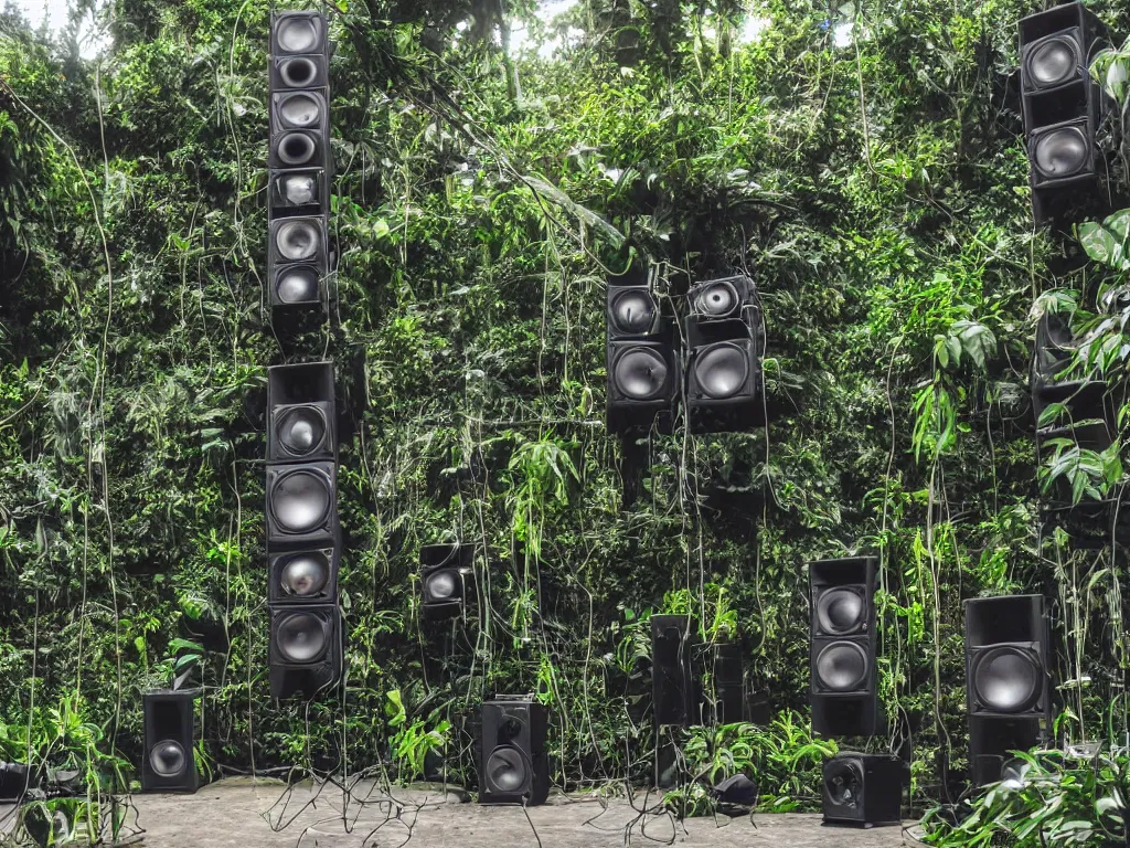 Image similar to an overwhelming and huge speaker stack pa sound system made from intertwining synthesizers and sound speakers and complex wires and led and intricate circuitry dominates a lush rain forest at sunset