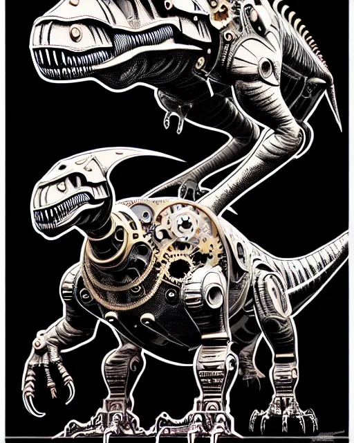 Prompt: a steampunk cyborg t - rex dinosaur, high details, symmetry, bold line art, by vincent di fate and joe fenton, inking, etching, screen print, masterpiece, trending on artstation, sharp, high contrast, hyper - detailed,, hd, 4 k, 8 k