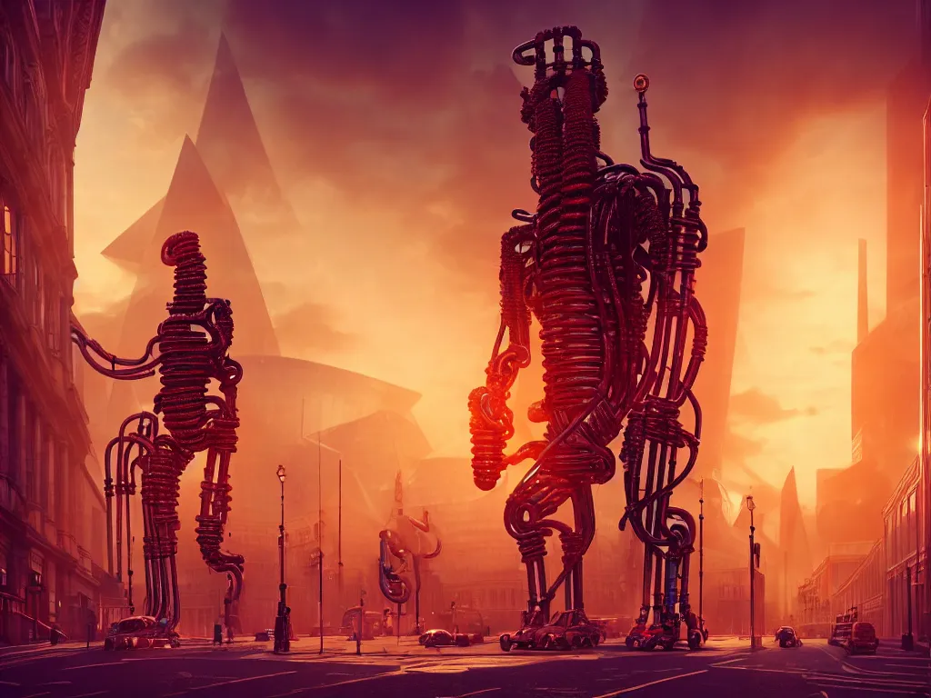 Prompt: a giant ancient beautiful cyborg of the elder gods with pipes and tubes in the city of London, London streets in background, colourful, dramatic lighting, golden hour, very detailed octane render very realistic beautiful