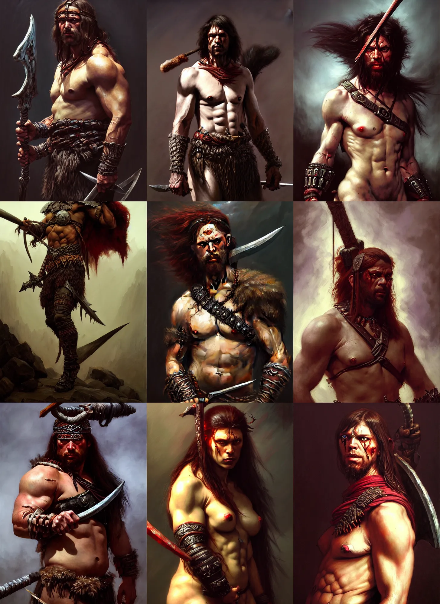 Image similar to barbarian, savage, full body, hyper realistic, extremely detailed, dnd character art portrait, dark fantasy art, intricate fantasy painting, dramatic lighting, vivid colors, deviant art, artstation, by edgar maxence and caravaggio and michael whelan and delacroix.