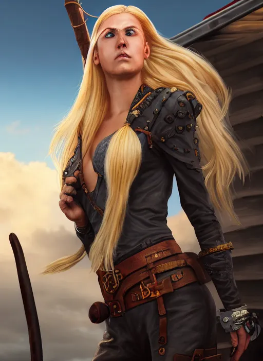 Image similar to An epic fantasy comic book style portrait painting of tall blonde haired female sky-pirate with a serious face and a pony tail in front of a metal gangplank, unreal 5, DAZ, hyperrealistic, octane render, cosplay, RPG portrait, dynamic lighting