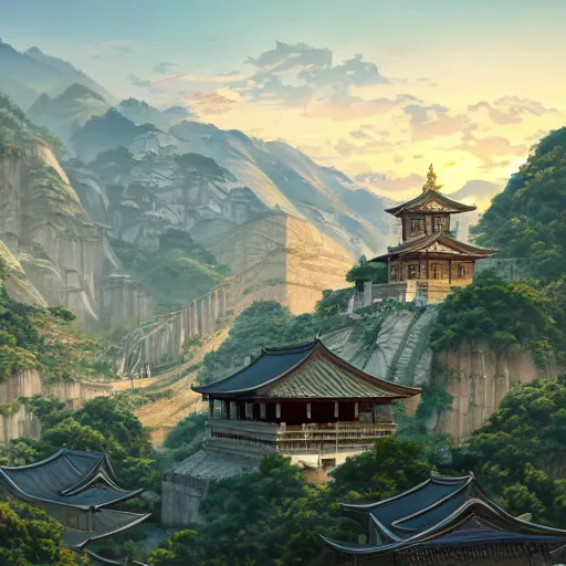 Prompt: concept art painting of a marble temple on top of a mountain, with greek and japanese architecture, overlooking a village in a valley, early morning, realistic, detailed, cel shaded, in the style of makoto shinkai and greg rutkowski and james gurney