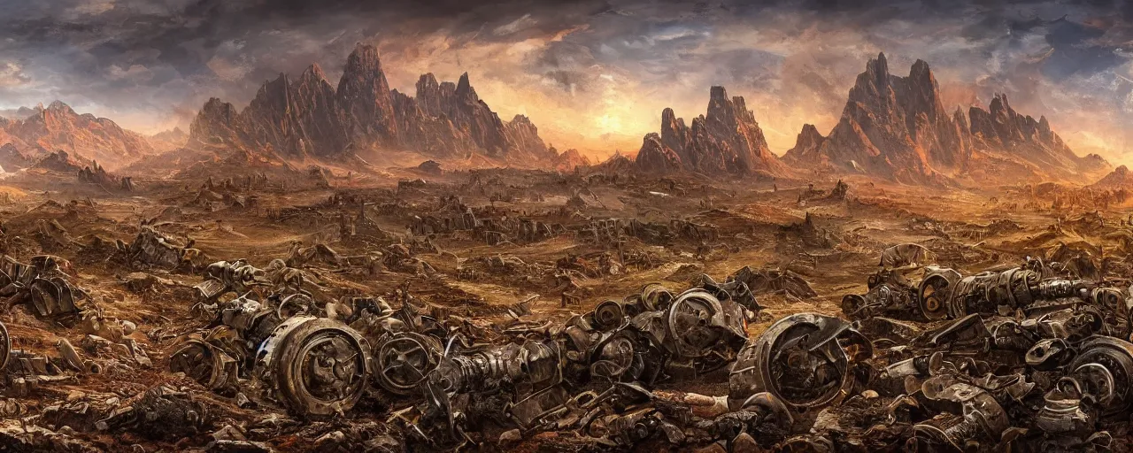 Image similar to apocalypse landscape, ruins and mountain in the background, broken rusty robots scattered on the ground, masterpiece 4k, intricate details, realistic, panoramic view, Hyperdetailed, 8k resolution, intricate art nouveau