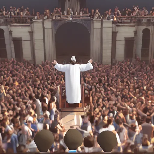 Image similar to jesus christ rapping on a podium to a crowd of people, 4 k image, hd, high res, unreal engine, medieval