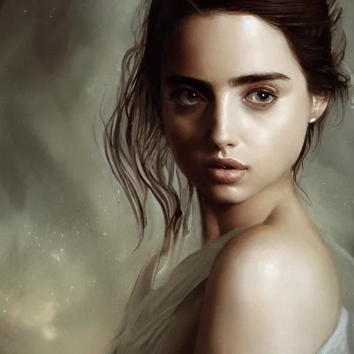 Image similar to portrait of beautiful happy young ana de armas wearing a beautiful silky white dress, painted by greg rutkowski