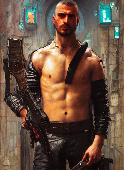 Prompt: Crazy Ivan. Wild Russian cyberpunk axe wielding assassin wearing a jumpsuit. (Cyberpunk 2077, bladerunner 2049). Iranian orientalist portrait by john william waterhouse and Edwin Longsden Long and Theodore Ralli and Nasreddine Dinet, oil on canvas. Cinematic, vivid colors, hyper realism, realistic proportions, dramatic lighting, high detail 4k