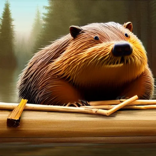 Image similar to photography hyperrealism concept art of anthropomorphic beavers builders that building city with sticks