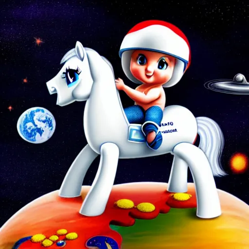 Image similar to a pony like a baby sits on the back of a large astronaut who is on all fours